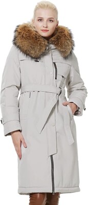 Long Winter Puffer Coat for Women Zip-Up Snow Jacket with Fur Hood White Medium