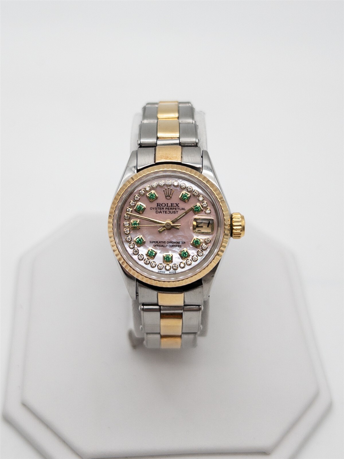 $9K ROLEX DATEJUST PINK MOP Emerald Diamond 18k Yellow Gold SS Ladies Watch WTY