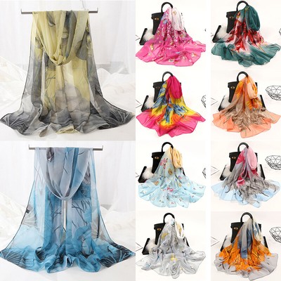 Chiffon Silk Scarf Flower Print Long Scarves Soft Shawl Wrap Beach Sunscreen