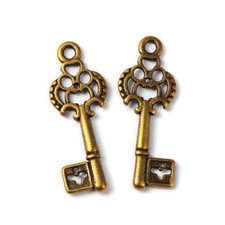 6 Skeleton Key Charms Antique Bronze Tone Steampunk Supplies 2 Sided 28mm