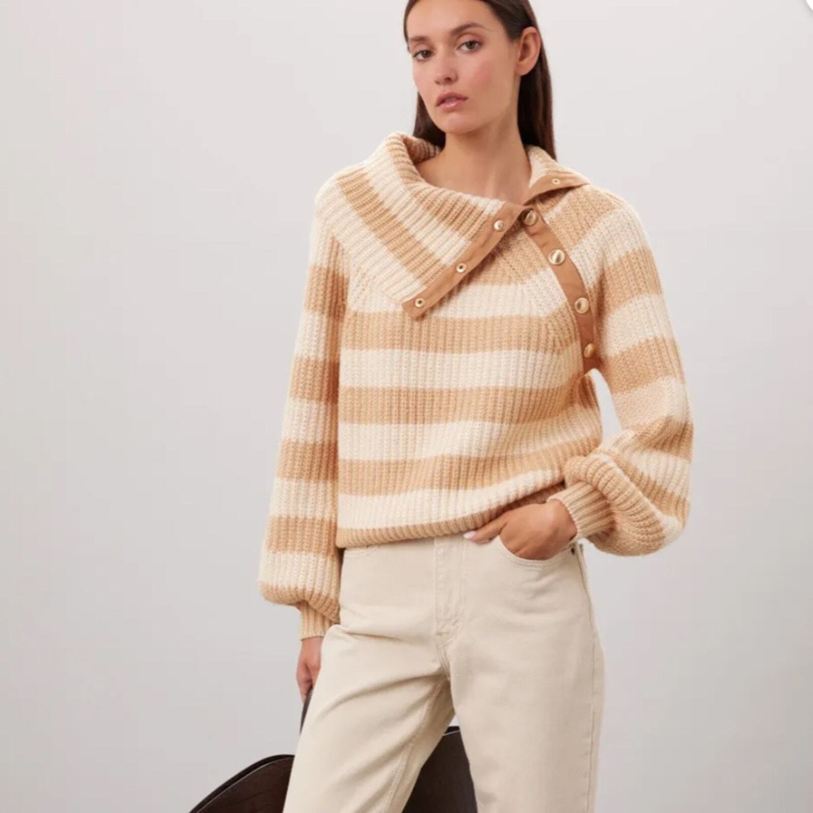 RTR Derek Lam Collective Button Cowl Neck Tan & Cream Striped Sweater Sz M