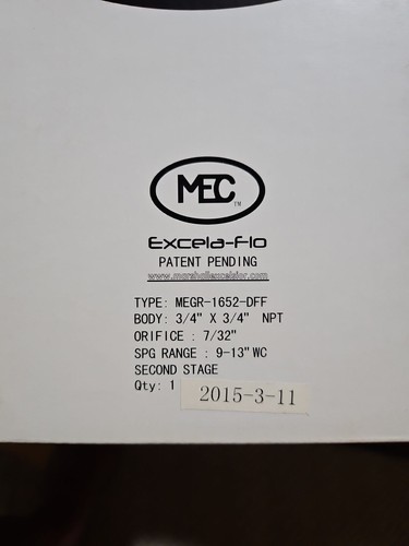 MEC Excela-Flo MEGR-1652-DFF Second Stage Propane 7/32” 3/4 X 3/4 NPT - NO BOX - Picture 6 of 7