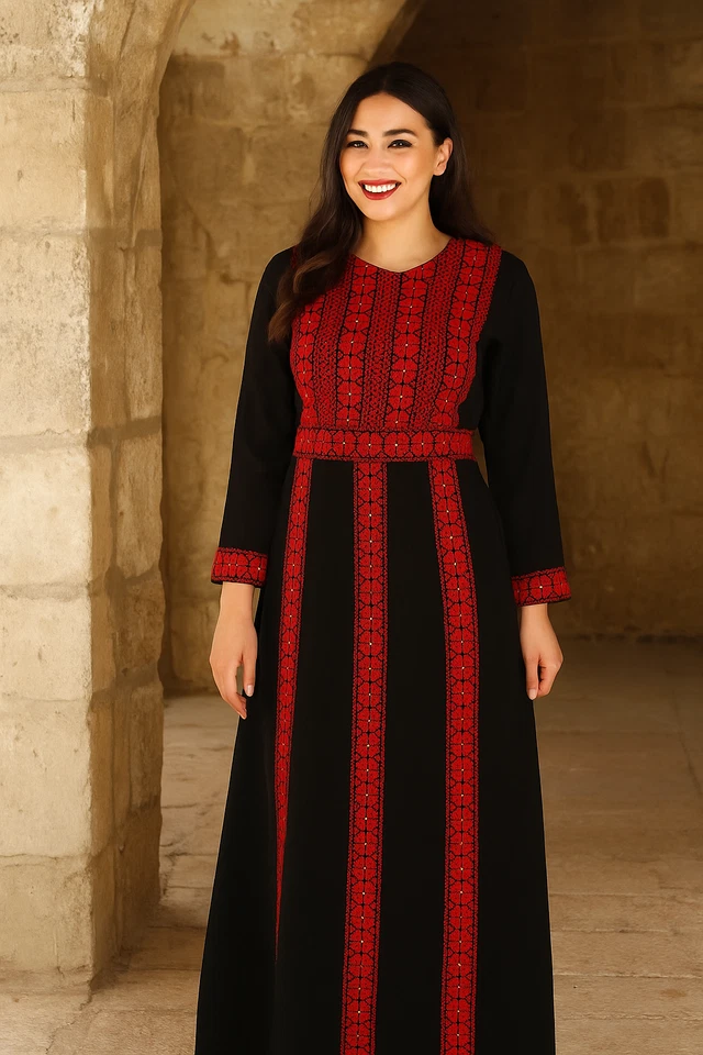 Palestinian Embroidered Womens Traditional Tatreez Thobe Abaya Dress - Image 3 of 4