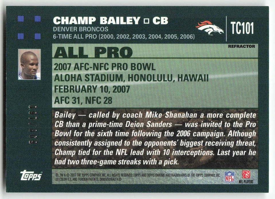 2007 Topps Chrome #TC101 Champ Bailey FOOTBALL Denver Broncos - Image 2 of 2