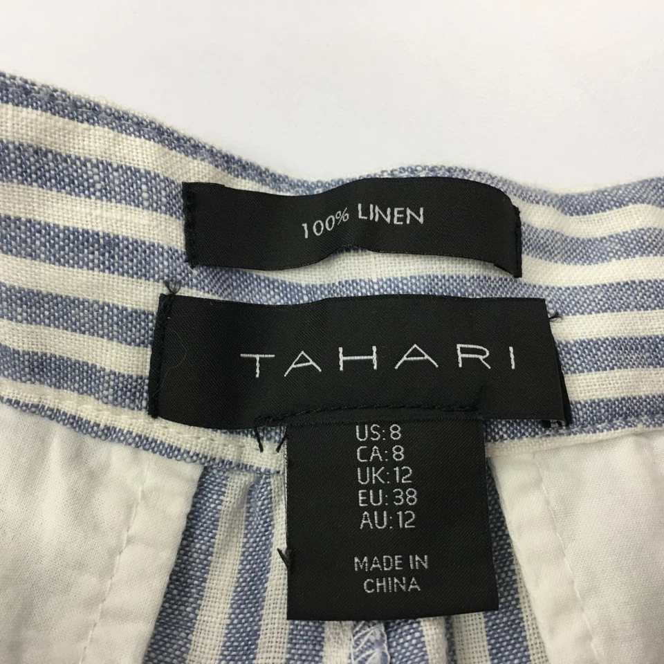 Pantalones chinos de playa Tahari para mujer 100 % lino pierna ancha talla 8 azul blanco a rayas Foto 2 de 4
