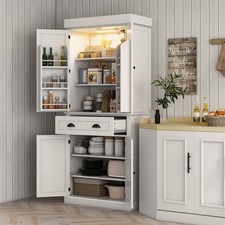71" Kitchen Pantry Cabinet with Large Storage and LED Lights, White
