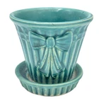 Vtg Shawnee Pottery Small Planter Flowerpot Saucer Bow Tie Green 3 .25 in