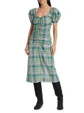 Ganni Lagoon Seersucker Check Puff Sleeve Ruched Midi Dress Plaid XS Designer