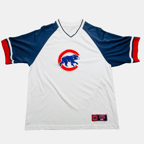 Vintage Chicago Cubs Majestic Jersey V-Neck Pullover Raglan White Blue Large MLB