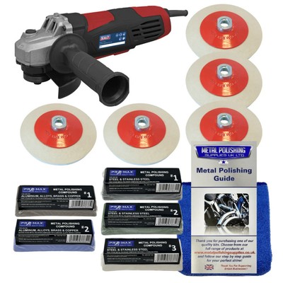 Winkelschleifer Sealey 750W mit Pro-Max 11tlg Allzweck Metall Polierset