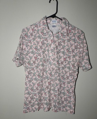 Vtg Women s Leon Levin Collared Cotton Blend  Floral Short Sleeve Shirt Size L