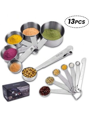 13 Stück Edelstahl Messbecher & Löffel Set mit Lineal Schaufel Clip