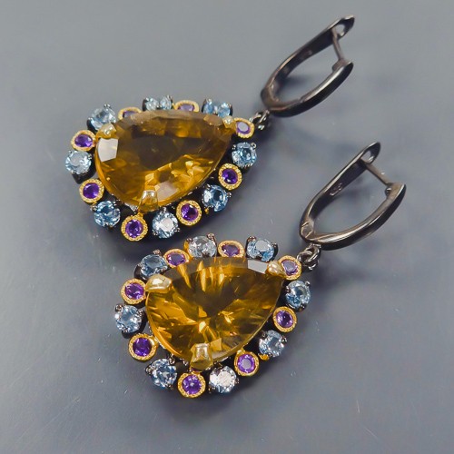 Fine Art 38 ct Natural Citrine Quartz Earrings 925 Sterling Silver /E121803 - Foto 2 di 8