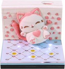 2026 3D Desk Calendar Memo Pad LED Light | Cat Design Tear-Off Art Gift