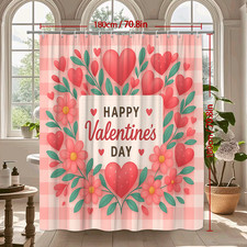 Happy Valentine's Day Shower Curtain with Hearts and Flowers Design