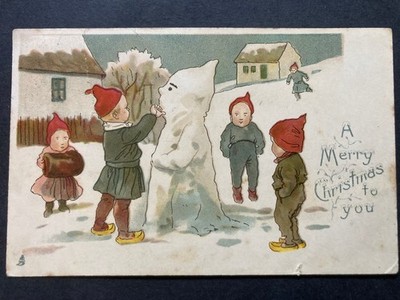 Kinder bauen Schneemann Vintage Weihnachtsgrüße Postkarte U24