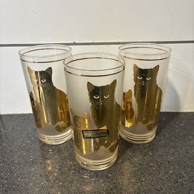 Set of 3 MCM Culver Cats 22k Gold Frosted Highball Rocks Glasses Kittens 5 1/2 