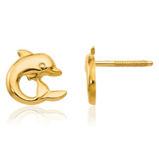 14K Solid Yellow Gold Large Dolphin Stud Earrings 8mm 0.3 inch Screw Back,