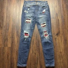 Judy Blue SkinnyFit Jeans Red Plaid Patches Destroyed Dark Wash JB8268 Size 9/29