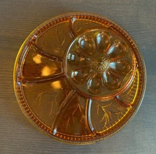 Vintage INDIANA GLASS Amber 13" DEVIL EGG TRAY Divided Relish SERVING PLATTER