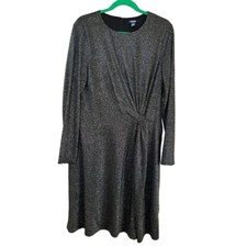 Chaps Dress Women 16 Black Pullover Metallic Shimmer Midi Neutral Minimalist 80s