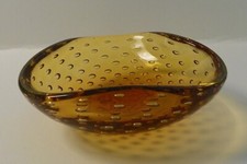 Amber Controlled Bubble Art Glass Triangular Dish Bowl