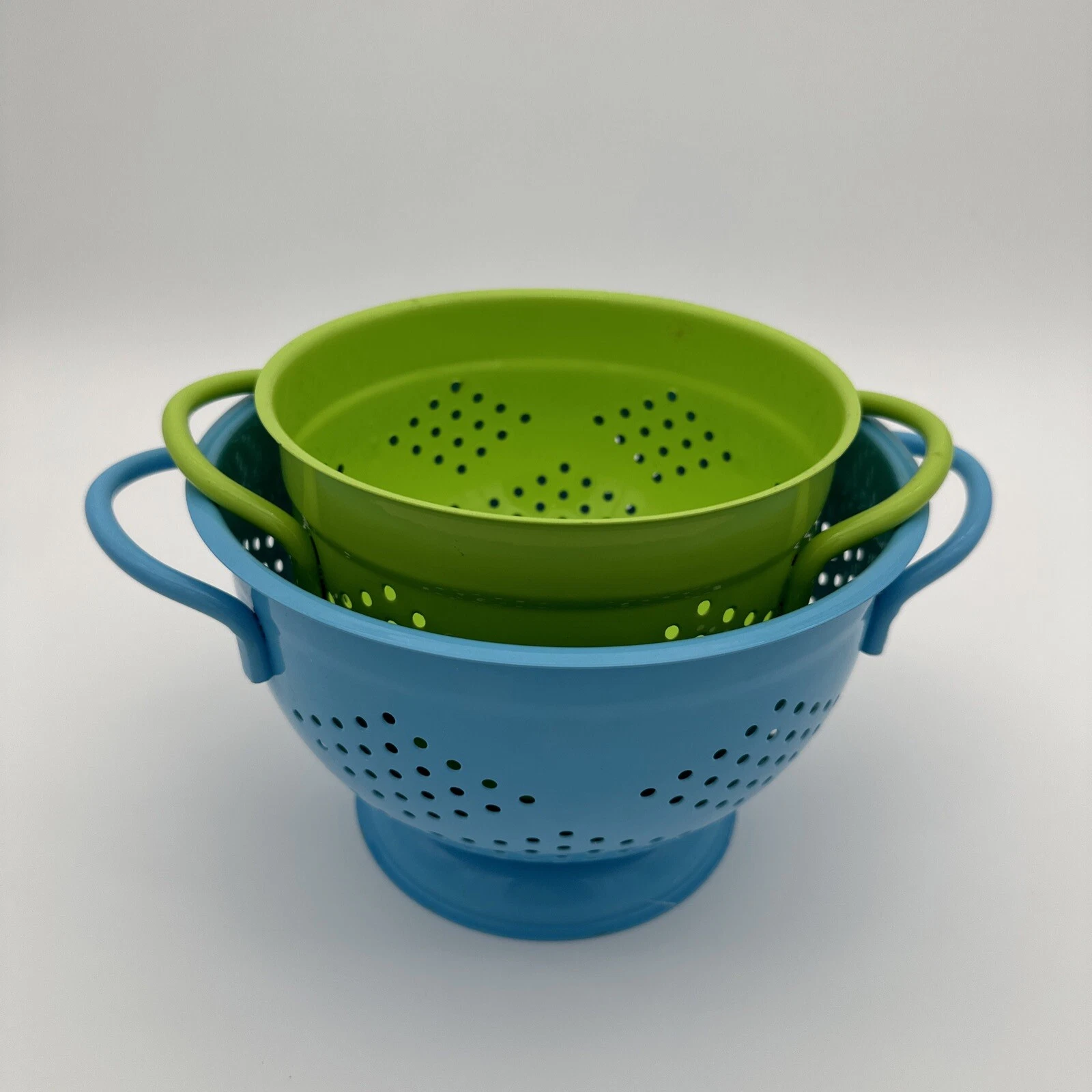 Vintage Fissman Avocado Green And Baby Blue Colander Strainer Set