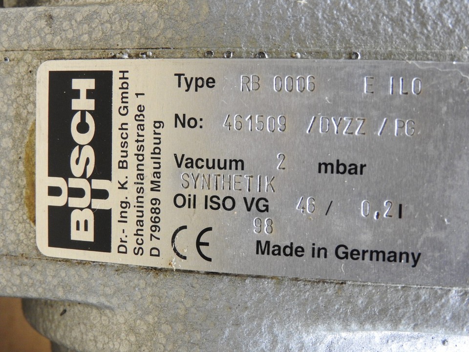 Busch RB 0006 E IL0, 208460V 3ph, 50/60Hz, Vacuum Pump, 2 mbar Used