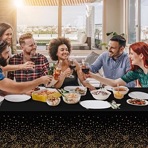 Tablecloths for Rectangle Tables, 3 Pack Plastic 54" x 108" Black Gold Dot - Image 4 of 4