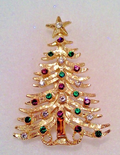 Emerald Cut Amber Crystal Christmas Tree Gold Finish Pin - Bohemia - Picture 4 of 4