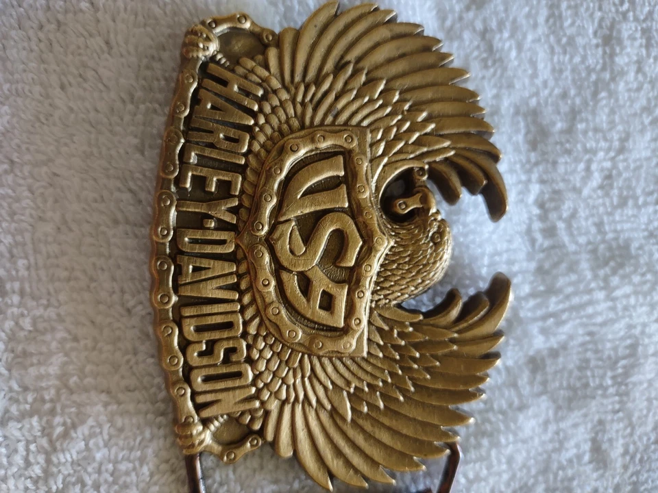 De colección Harley Davidson 1983 Baron H504 Latón Sólido Hebilla de Cinturón y Cinturón de Cuero 41 pulgadas Foto 3 de 4