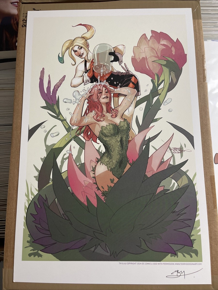 TERRY DODSON SIGNED POISON IVY HARLEY QUINN FLOWER BATH 11x17 ART
