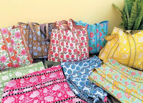 Reusable Grocery Bag Shopping Tote Cotton Block Printed Quilted Beach Bag 10Pc - Picture 1 of 5