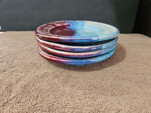 CLYDE GOBBLE POTTERY HANDMADE RED BLUE OVAL PLATES SIGNED 12" EXCELLENT SET OF 4 - Picture 8 of 9