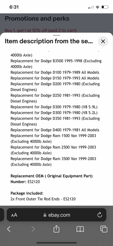 Moog 2 件套左右外扎杆末端适用于道奇 D150 D250 D350 5.9 V8 — 第 3/3 张图片