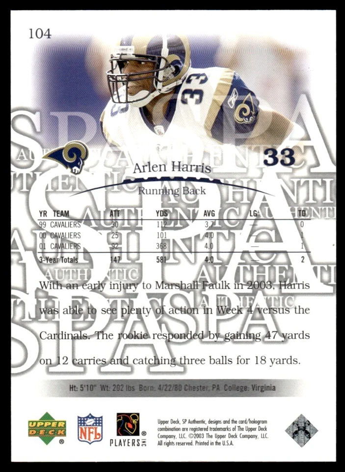 2003 SP Authentic Arlen Harris Rookie 1242/2200 St. Louis Rams #104 R47 - Image 2 of 2