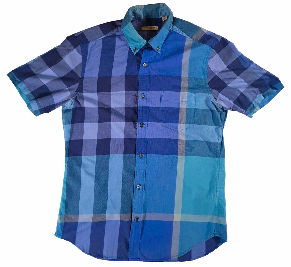 Burberry Brit Men's Blue Exploded Giant Check Short Sleeve Shirt S/XS
