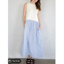 Zara Nora sleeveless knit linen blend blue striped midi dress M
