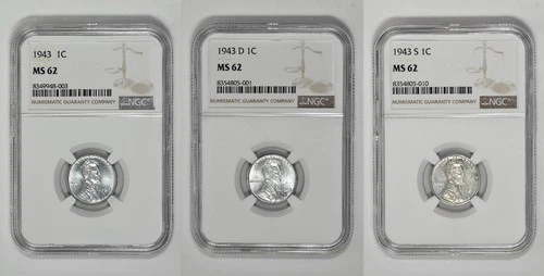 1943 P D S 1C Lincoln Steel Wheat Cent NGC MS 62 Three Coin Lot