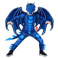 Deluxe Boys Blue Dragon Costume with Wings Mask Kids Halloween Suit 3 - 14 yrs