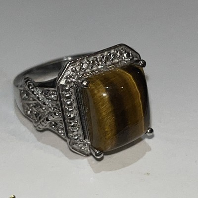 Karis Tiger Eye Ring Sterling Silver 925 CZ  Statement SZ 7 Vintage
