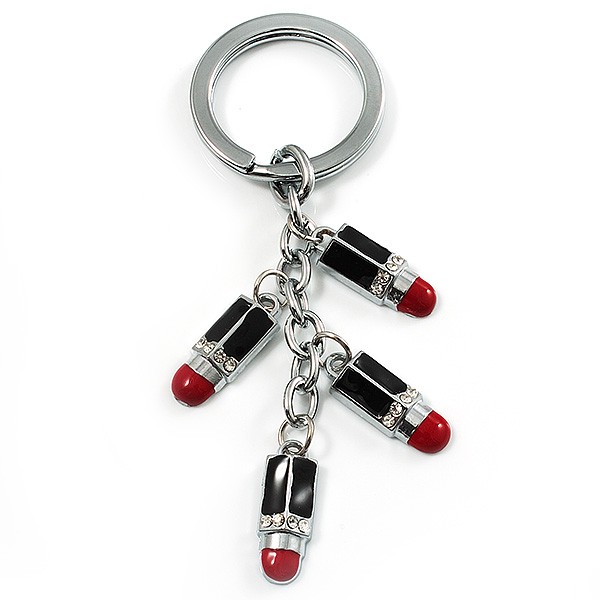 Silver Tone Crystal Enamel Lipstick Keyring/ Bag Charm