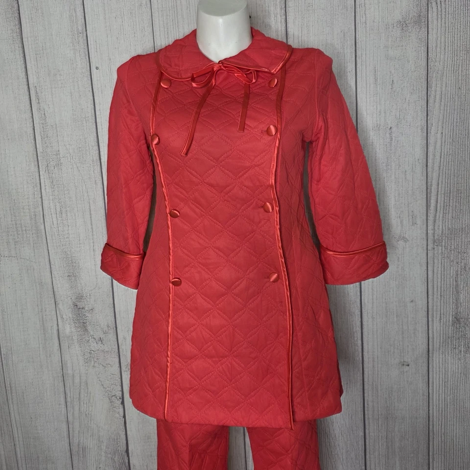 Conjunto de salón coral acolchado años 60 70 traje pantalón abrigo anfitriona mod, talla grande de colección Foto 2 de 4