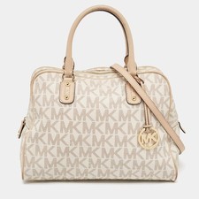 Borsa a tracolla Michael Kors beige bianca rivestita in tela e pelle con cion...
