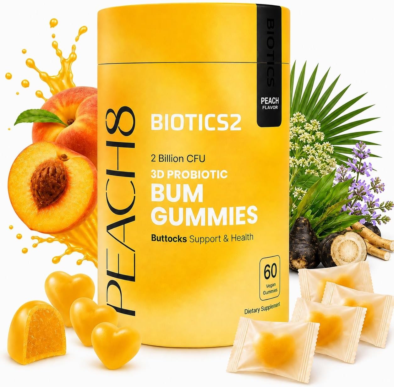 Peach8 BBL Booty Gummies for Womens Hip Butt & Curves - 60 Count Pack of 1