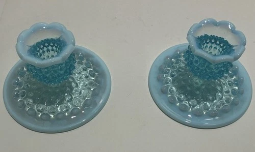 Pair Of Vintage Fenton Hobnail Candleholders Blue Opalescent Ruffle Rim