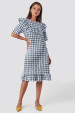 NA-KD Women's Dress Frill Detail Dress Plaid Dress, Blue (Multicolor), 36