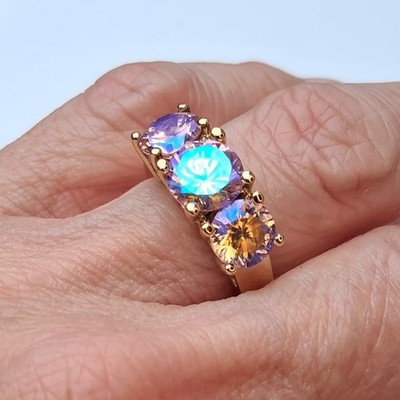 Vtg Mystic Topaz, Aurora Borealis Sz 7 3 Stone Band Ring 925 Sterling Silver 14k