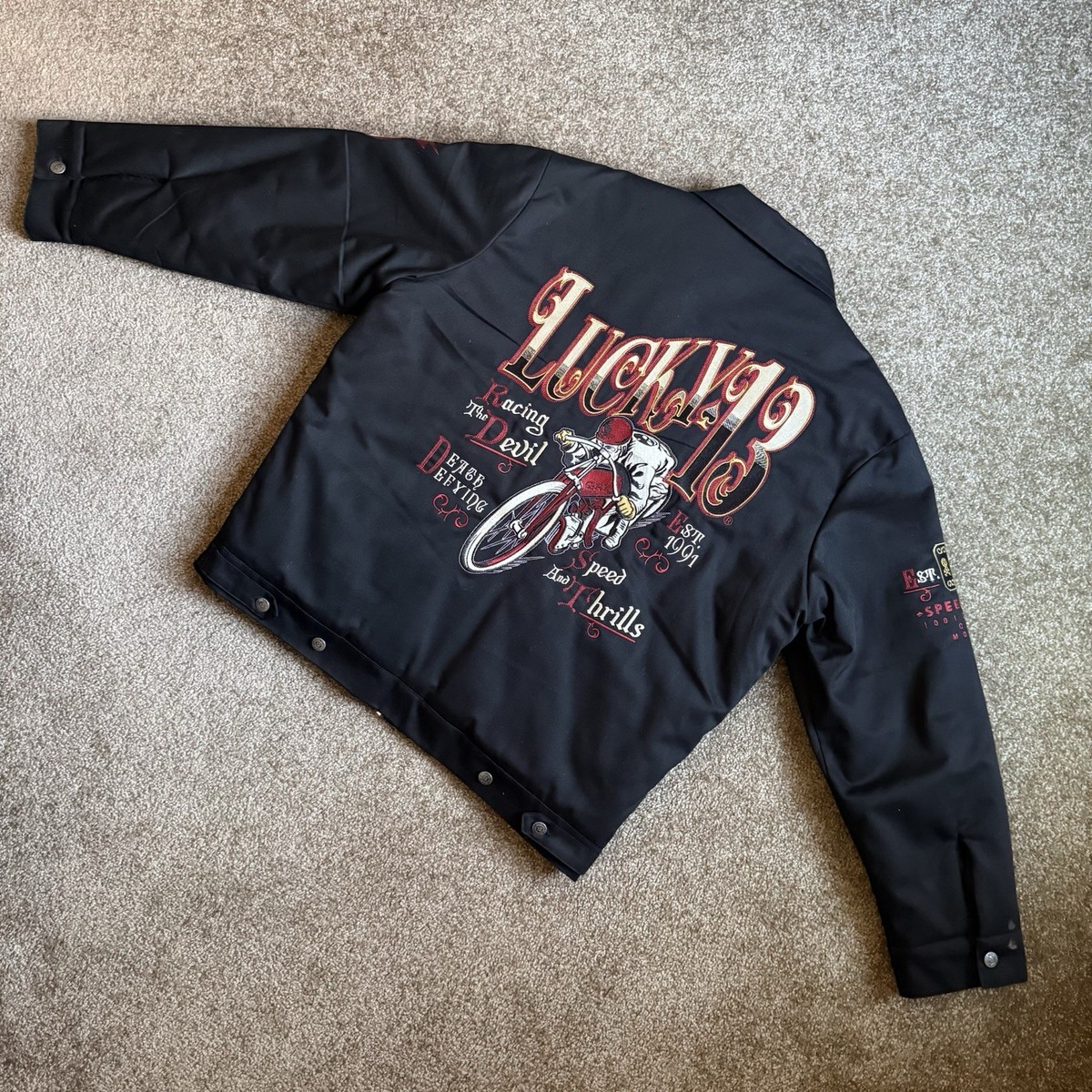 Lucky 13 Racing Devil Embroidered Motorcycle Bomber Jacket Black