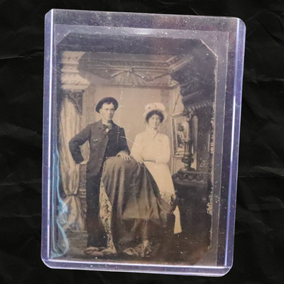 Antique Victorian Tintype Photo Couple Portrait Woman Standing Man Nice Studio